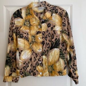 Chico’s Linen Fall Animal Print Floral Denim Style Jacket Brown Gold 0 (US XS)